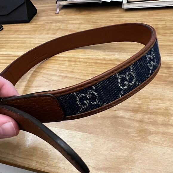 GUCCI WOMENS BROWN LEATHER & DENIM SQUARE BUCKLE BELT sz 70 NEW Authentic main image 5